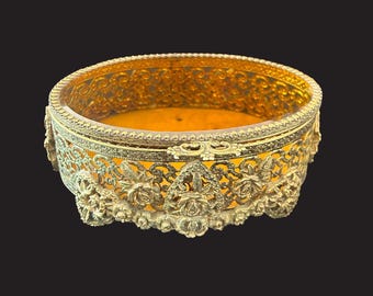 HOLLYWOOD REGENCY casket jewelry box with amber glass | Vintage ormolu gold jewelry box with rose detailing