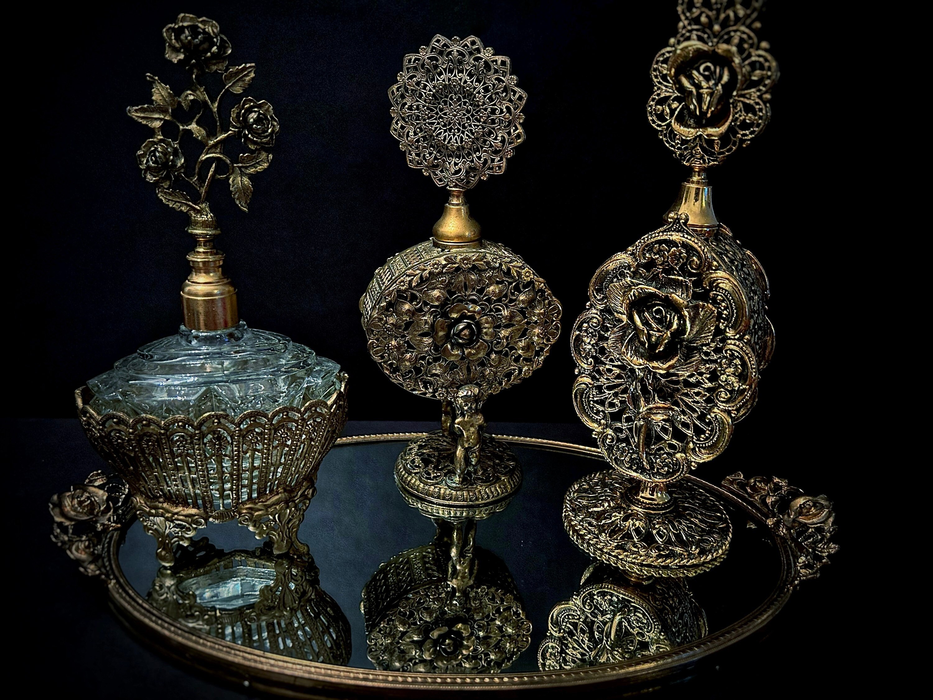 Midcentury ORNATE Perfume Mirror Tray Vintage Ormolu Gold Tabletop Oval