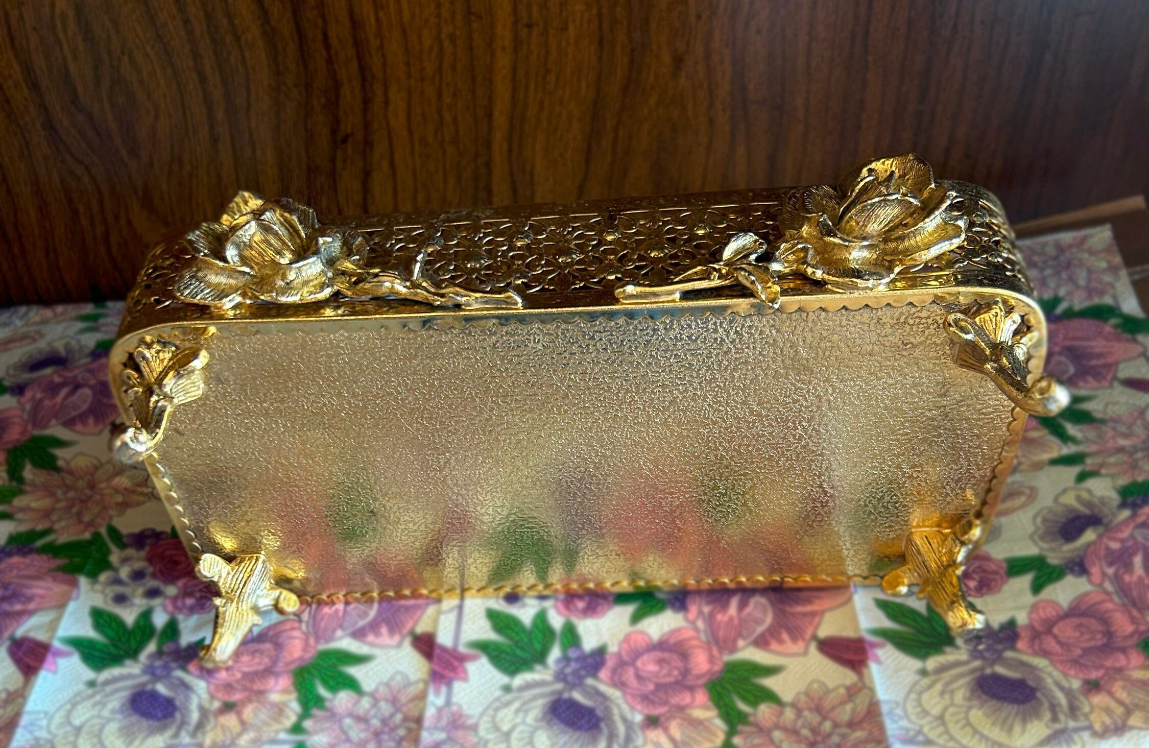 Midcentury Casket Jewelry Box Vintage Ormolu Gold rose Pattern by Stylebuilt Etsy