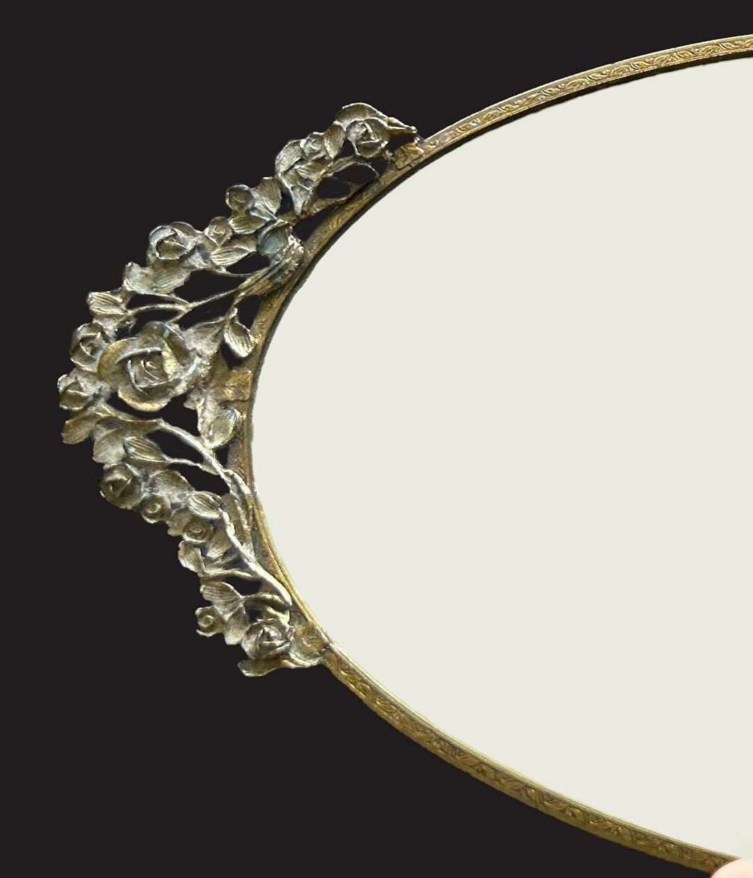 Vintage HOLLYWOOD REGENCY Oval Mirror Tray Ormolu Gold Frame Mirror