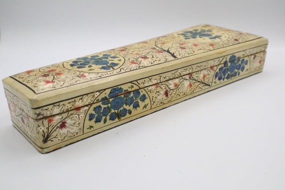 Antique Floral Lacquer Glove Box with Vintage Glo… - image 3