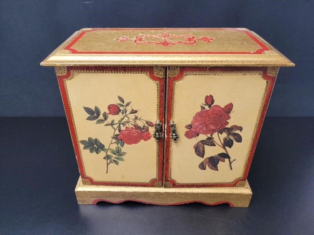 Vintage Handpainted Royal Sealy Wood Miniature Chest of Drawers Jewelry Music Box Gilt With
