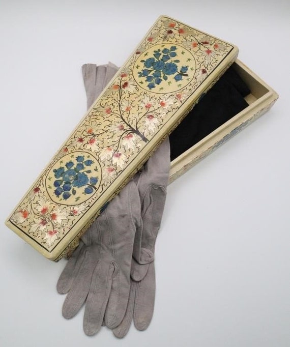 Antique Floral Lacquer Glove Box with Vintage Glo… - image 1
