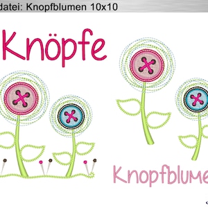 May include: Three embroidered button flowers with green stems and leaves. The flowers are pink, blue, and white with a pink, blue, and black button in the centre. The text "Knöpfe" is in pink at the top of the image and "Knopfblumen" is in pink at the bottom of the image.
