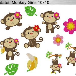 May include: A collection of embroidered monkey designs with flowers, bananas, and tropical leaves. The monkeys are brown with tan faces and wear pink or red flowers. The image includes the text "Stickdatei: Monkey Girls 10x10".