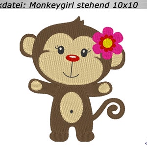 May include: Embroidered design of a standing monkey with a flower in its hair. The monkey is brown with a tan face and belly, a red nose, and a smiling mouth. The flower is pink with a yellow center. Text at the top reads "Stickdatei: Monkeygirl stehend 10x10".