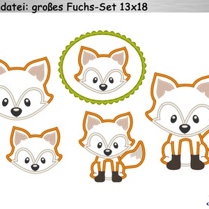 May include: A set of five embroidery designs featuring a cute fox with orange accents. The designs are perfect for creating personalized projects like clothing, bags, and home decor.