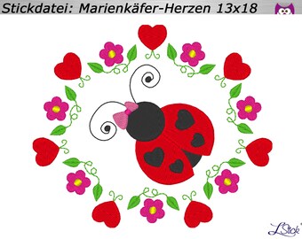 Stickdatei Marienkäfer-Herzen 13x18 Stickmuster, embroidery design ladybug