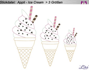 Stickdatei Appli Eiscreme >3 Größen< Stickmuster, Doodle, embroidery design Ice cream, Waffeleis, Eis, Hörncheneis