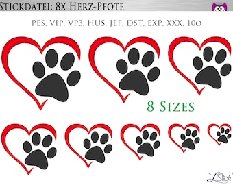 Digital Download Herz-Pfotenabdruck 8 Größen paw print Hund Katze, Stickdatei, Stickmuster, embroidery design