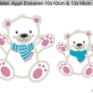 May include: Two white polar bear applique designs with pink paws and a blue and white striped scarf. The larger bear is 10x10cm and the smaller bear is 13x18cm.