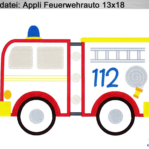 Stickdatei Appli Feuerwehrauto 13x18  Stickmuster