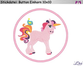 Stickdatei Button Einhorn, Unicorn pink   10x10