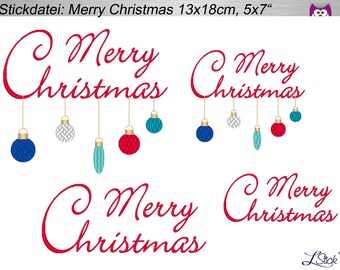 4x embroidery file lettering Merry Christmas 13x18cm, 5x7 "embroidery pattern, embroidery design tree balls