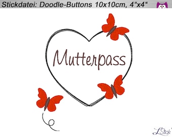 2x Stickdatei Doodle-Button-Herz 10x10cm, 4"x4" Stickmuster Mutterpass, U-Heft, Name, embroidery design heart