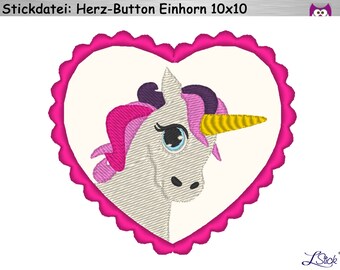 Stickdatei Herz-Button Unicorn 10x10cm, 4"x4" Stickmuster Einhorn, Pferd - embroidery design horse