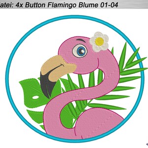 Könnte beinhalten: Ein rosa Flamingo mit einer weißen Blume auf dem Kopf, umgeben von grünen Blättern, in einem blauen Kreis.