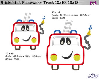 Stickdatei Appli Feuerwehr-Truck 10x10, 13x18 Stickmuster, embroidery design Fire truck, rescue