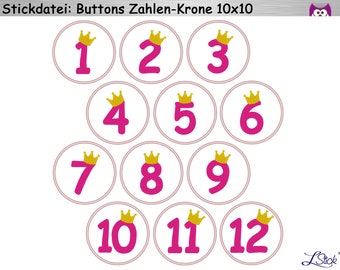Embroidery file buttons month numbers crown 10x10 embroidery pattern, embroidery design button month number crown