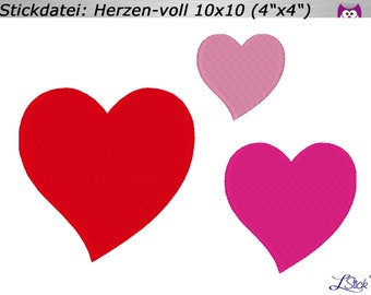 Stickdatei 3x Herzen voll 10x10cm / 4"x4" Stickmuster - embroidery design heart