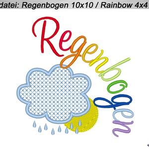 May include: Embroidered design featuring a rainbow with the word "Regenbogen" in German, a blue cloud with raindrops, and a yellow sun.