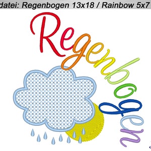 May include: Embroidered design of a rainbow with the word "Regenbogen" in German, a cloud with raindrops, and a sun. The design is perfect for a nursery or children's room.