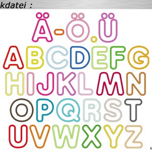May include: A colorful alphabet with rounded edges in different colors. The letters are outlined in black. The letters A, O, and U have two dots above them. The letters are arranged in alphabetical order. The text "Stickdatei" is at the top of the image.