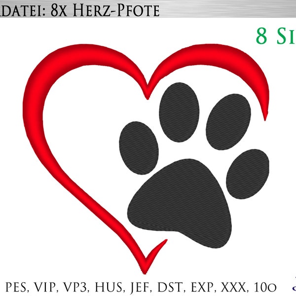 Digital Download Herz-Pfotenabdruck 8 Größen paw print Hund Katze, Stickdatei, Stickmuster, embroidery design