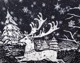 Winter deer black and white reindeer fleece panel OOP new old stock Winter decorations snow trees evergreen