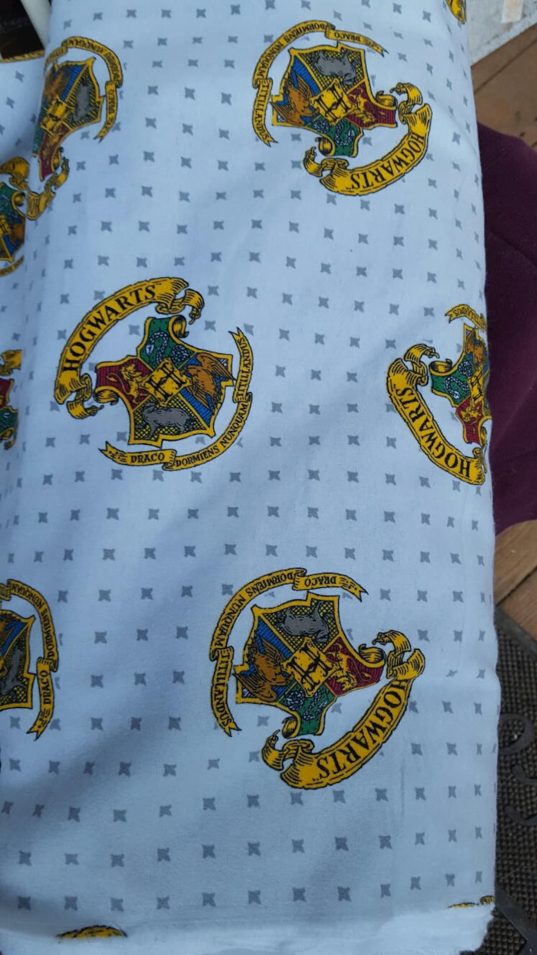 Harry Potter Flannel Fabric by the Yard Hogwarts Crest Gray Background