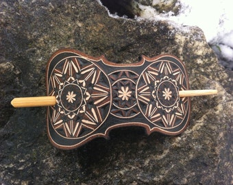 Violin shaped hand carved leather hair barrette - tooled leather jewelry- hair accessories - Stick Barrette - Hair Slide