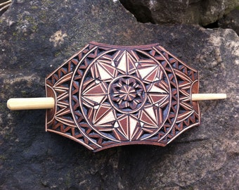 Geometric hand carved leather hair barrette- hair accessories - Stick Barrette - Hair Slide - Haarspange aus Leder