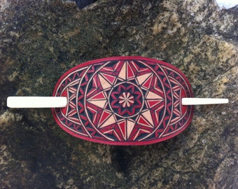 Geometrical red hand carved leather hair barrette - hair accessories - Stick Barrette - Hair Slide