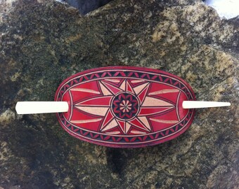 Red hand carved leather hair barrette - hair accessories - Stick Barrette - Hair Slide