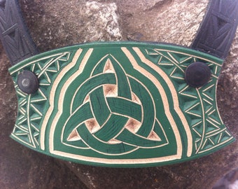 Green celtic triquetra hand carved leather pendant - tooled leather jewelry