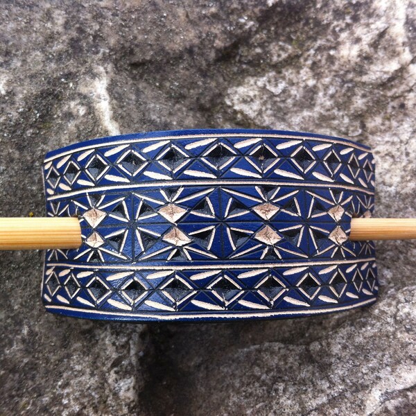 Mini blue hand carved leather hair barrette- hair accessories - Stick Barrette - Hair Slide - Haarspange aus Leder