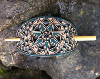 Geometric Cherokee star turquoise hand carved leather hair barrette - hair accessories - Stick Barrette - Hair Slide - Haarspange aus Leder