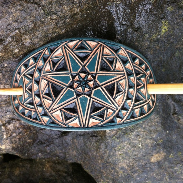 Geometric Cherokee star turquoise hand carved leather hair barrette - hair accessories - Stick Barrette - Hair Slide - Haarspange aus Leder