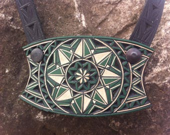 Hand carved green geometric leather necklace - tooled leather jewelry