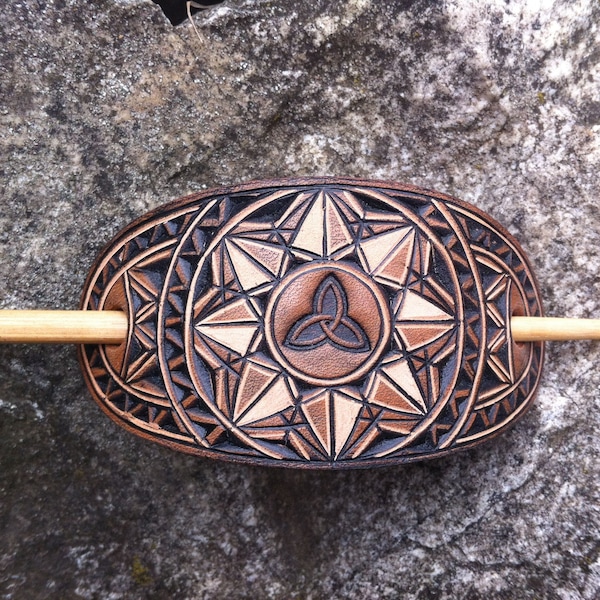 Geometric Triquetra hand carved leather hair barrette - tooled leather jewelry