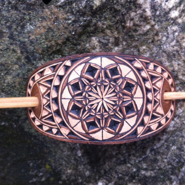 Mandala hand carved leather hair barrette  0 tooled leather