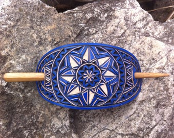 Geometrical blue hand carved leather hair barrette - hair accessories - Stick Barrette - Hair Slide