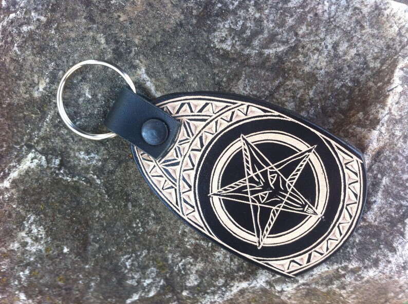 Black pentagram hand carved leather keychain leather keyfob leather keyring