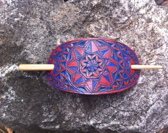 Red and blue hand carved leather hair barrette