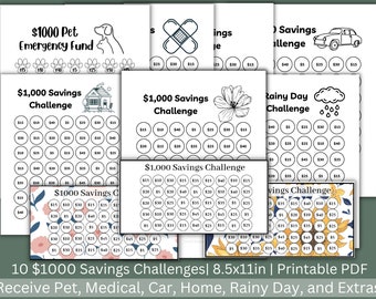 1k Savings Challenge Bundle | Printable | Starter Kit | Home, Car, Rainy Day, Medical, Pet, and Sinking Fund Challenges