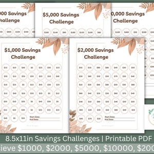 May include: Printable 8.5x11 inch savings challenge trackers in a beige and brown color scheme with floral accents. The trackers are designed to help you save $1,000, $2,000, $5,000, $10,000, and $20,000.