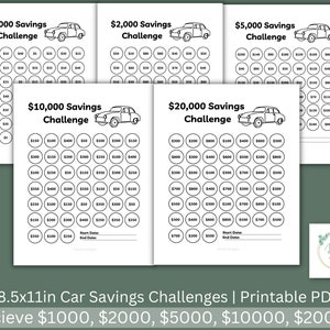 Puede incluir: Cartas de desafío de ahorro imprimibles para 1.000 €, 2.000 €, 5.000 €, 10.000 € y 20.000 €. Cada carta presenta una ilustración de coche en blanco y negro y círculos para realizar un seguimiento del progreso del ahorro.