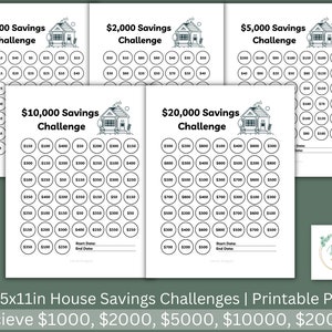 May include: Printable house savings challenge tracker sheets in black and white. The sheets feature a house illustration and a grid of circles to track savings goals of $1,000, $2,000, $5,000, $10,000, and $20,000.