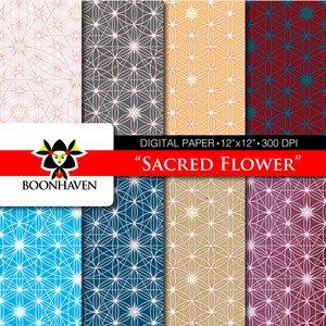 Peut inclure: Ensemble de six papiers numériques présentant un motif géométrique de lignes blanches formant une forme de fleur sur une variété de fonds colorés. Les couleurs incluent le rose, le gris, l'orange, le rouge, le bleu et le violet. Le texte "Fleur Sacrée" est inclus dans l'image.