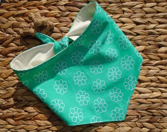 Tie On Handmade Fabric Dog Bandana - Green & White Flower - Sizes XS to Large